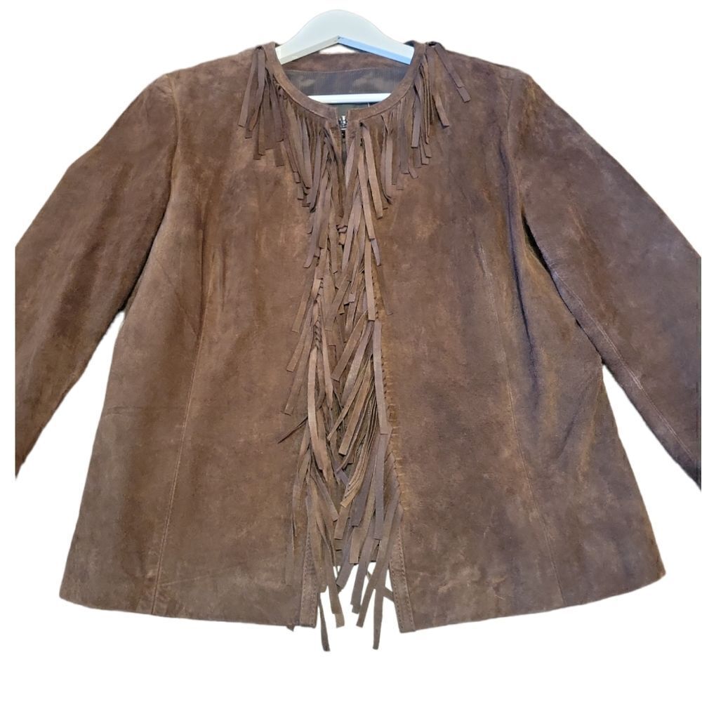 Vintage Adler Collection Brown Suede Leather Fringe Jacket Western Style L - Picture 3 of 14